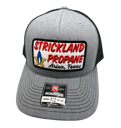 Richardson brand style 112 adjustable snapback hat with custom stitched patch. . Strickland propane hat